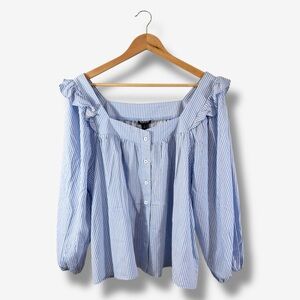 Torrid Blue Stripe Square Neck Ruffle Blouse Size 1X Button Up Puff Sleeve